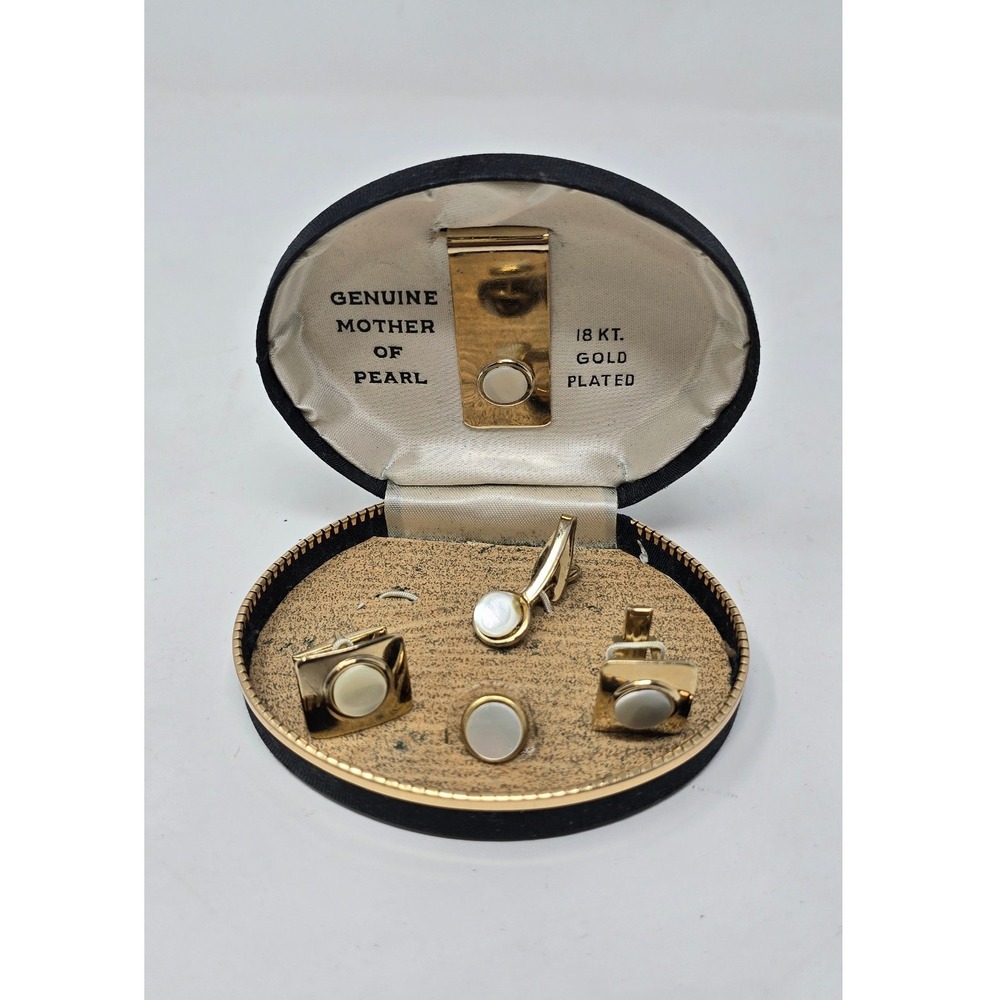 Vtg 18KT gold plated cufflinks set men Mother of Pearl formal Old Money Tuxedo